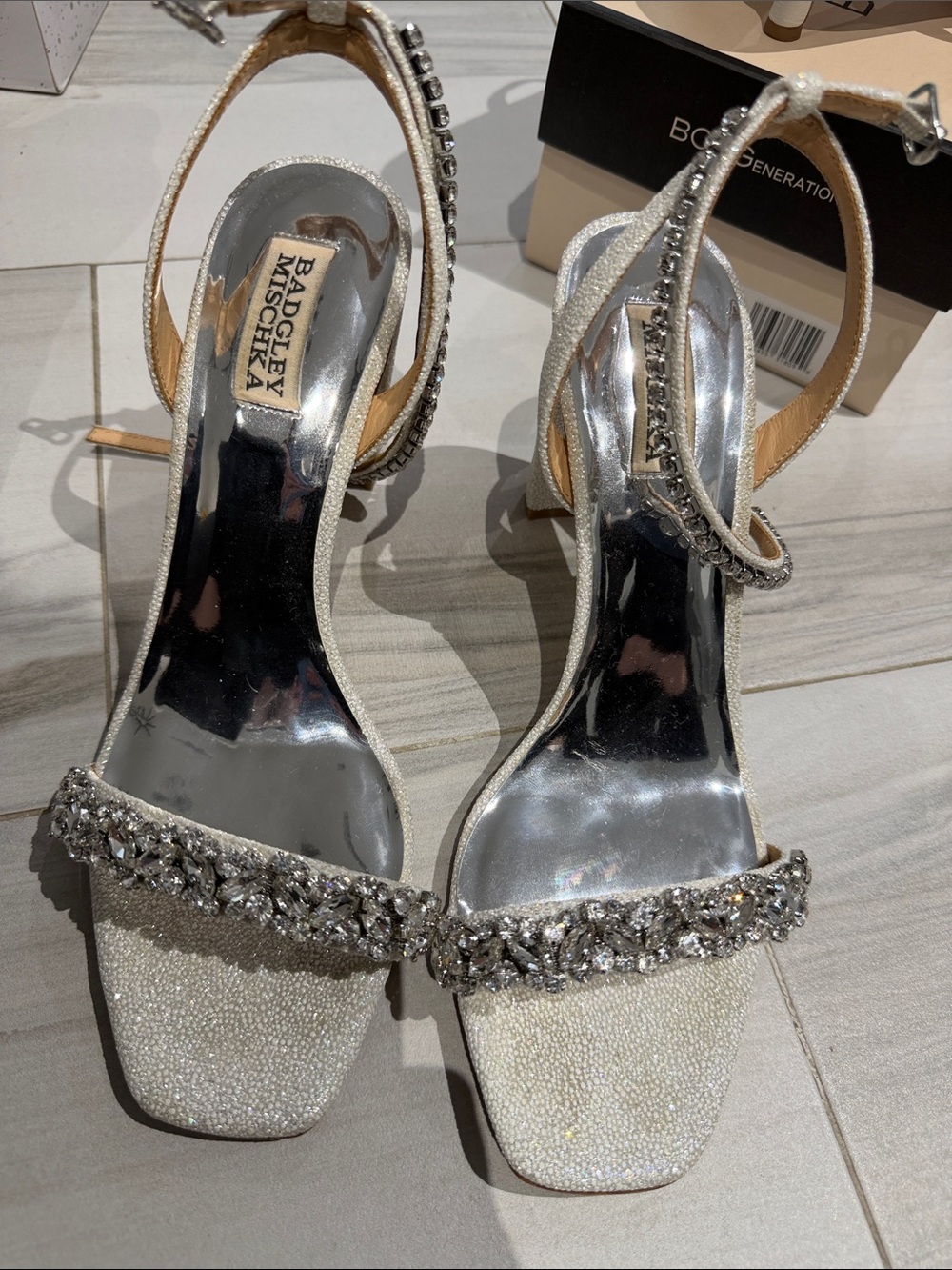 Badgley Mischka Silver Crystal Embellished Ivory Heeled Sandals